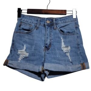 Kancan Size 23 Mid Rise Rolled Hem Distressed Denim‎ Shorts Style KC6036L
